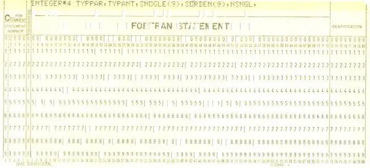 A scanned punched card containing part of a FORTRAN IV program.
